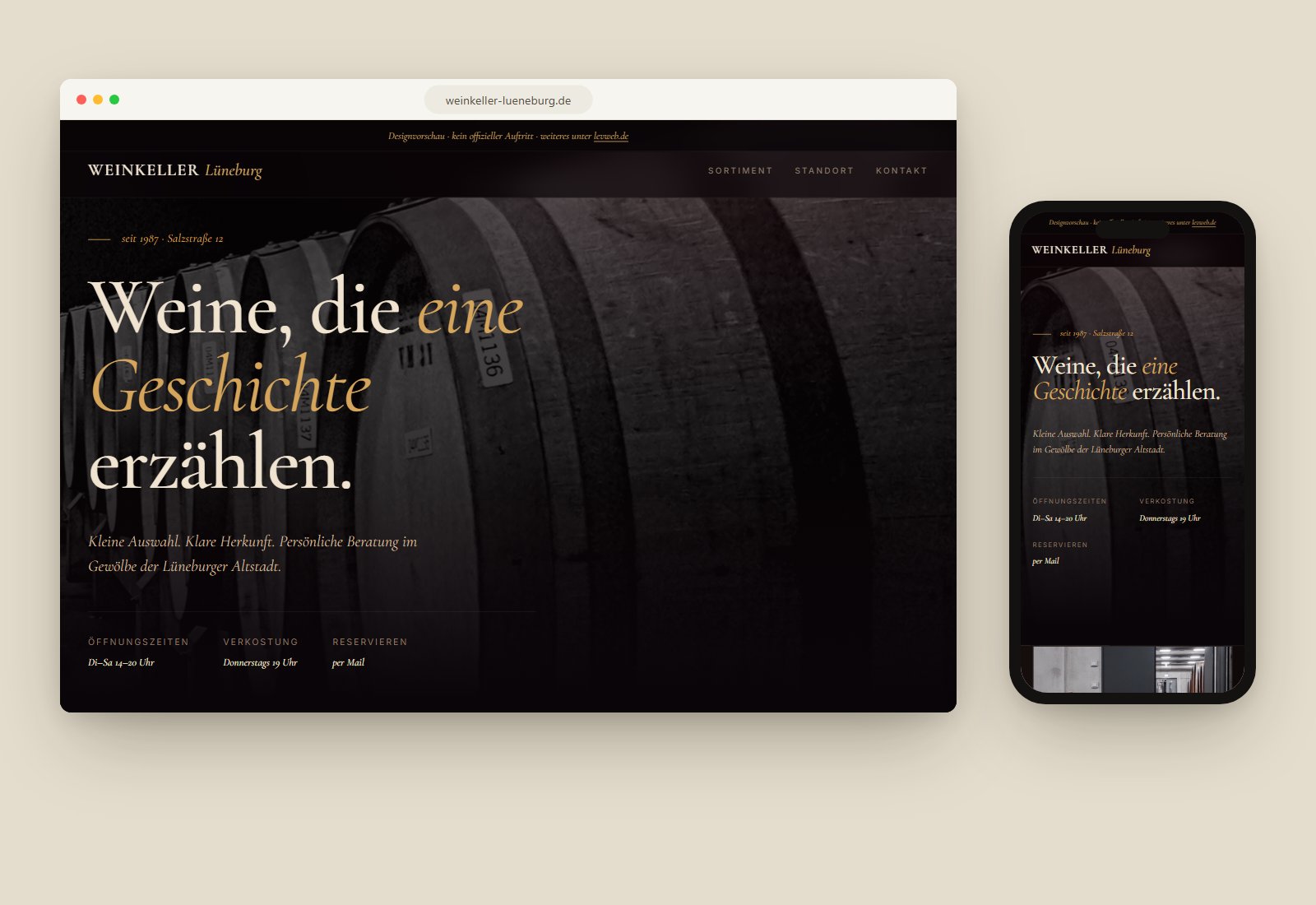 Vorschau der Weinkeller-Demo im Dark-Mood-Stil – Desktop und Handy