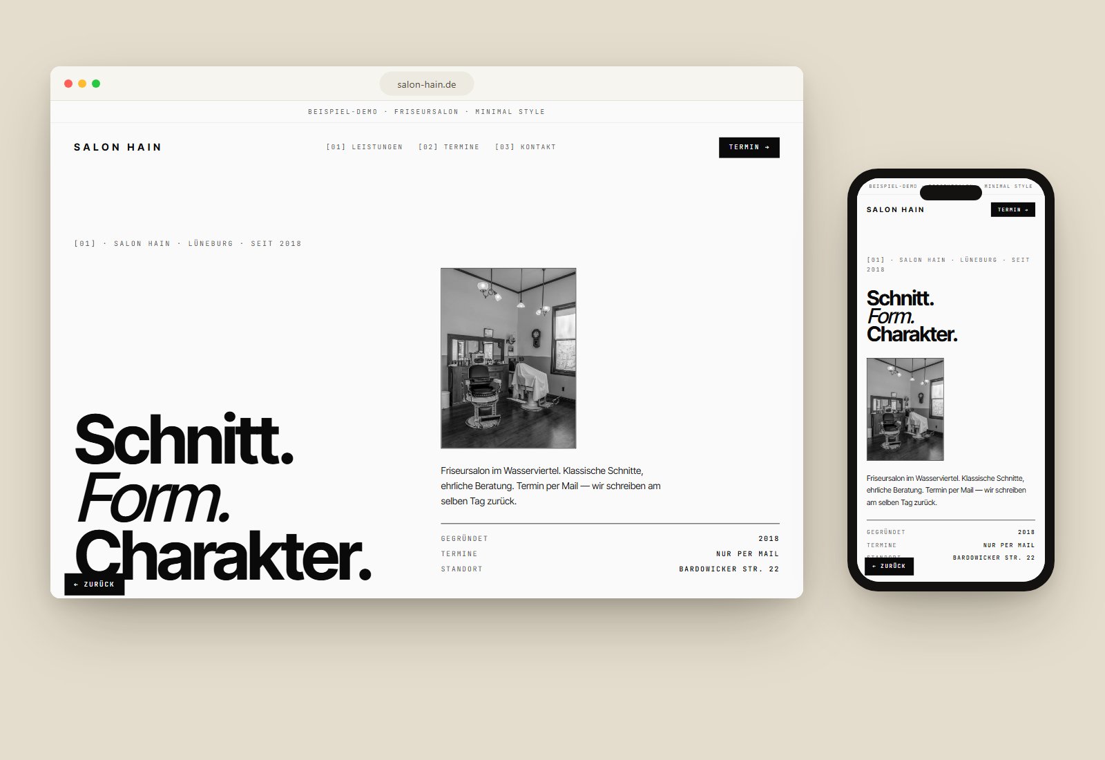 Vorschau der Salon-Hain-Demo im Minimal-Stil – Desktop und Handy